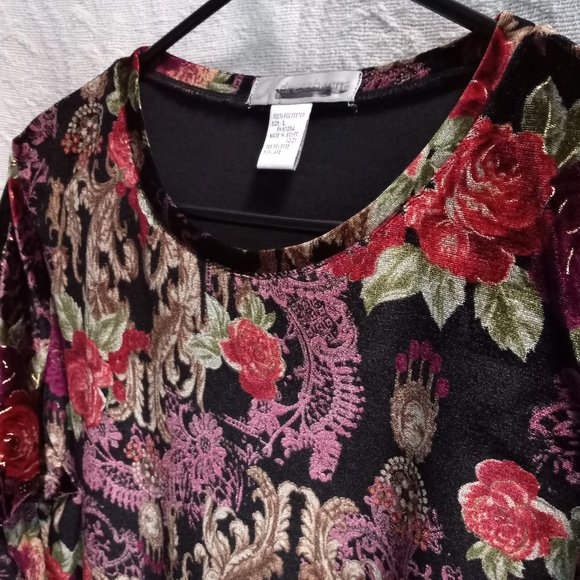 Dress Barn Elegant Stretch Velveteen Floral Pattern Long Sleeved Blouse Top Sz L - Picture 8 of 11